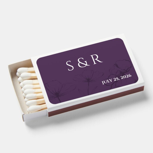 Elegant Plum Purple Floral Monogram Wedding Matchboxes (Front Open)