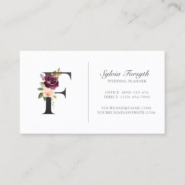 Elegant Plum Purple Floral Roses Monogram Business Card (Front)