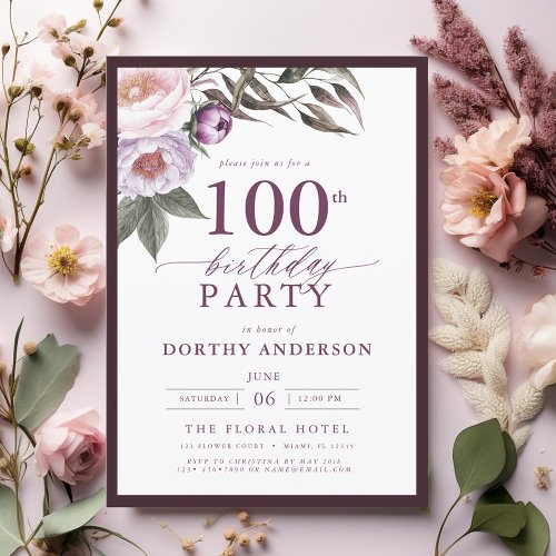 Elegant Plum Purple Floral Script 100th Birthday