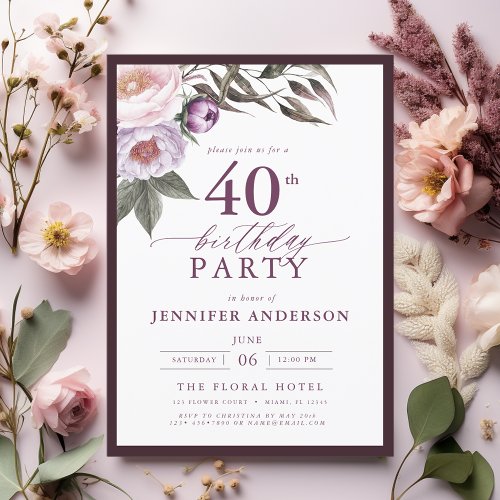 Elegant Plum Purple Floral Script 40th Birthday Invitation