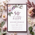 Elegant Plum Purple Floral Script 50th Birthday Invitation<br><div class="desc">Set the tone for a sophisticated celebration with an elegant plum purple floral script birthday invitation. Featuring rich plum tones and delicate floral accents, this design exudes a sense of luxury and refinement. The graceful script typography adds a personalized touch, perfect for a milestone birthday or formal event. Ideal for...</div>