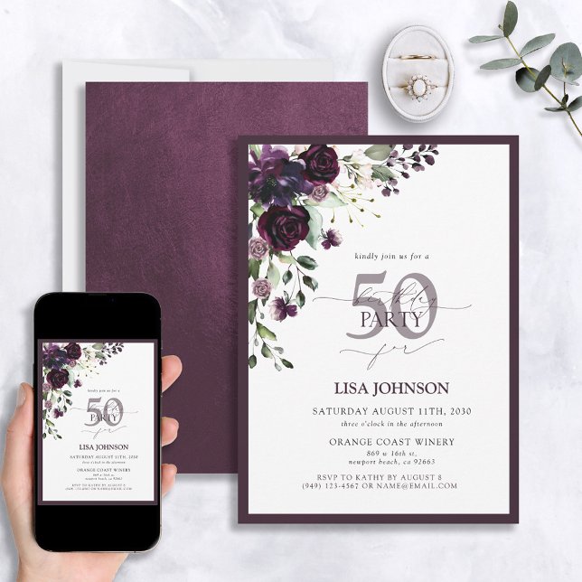 Elegant Plum Purple Floral Script 50th Birthday Invitation (Creator Uploaded)
