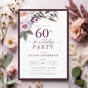 Elegant Plum Purple Floral Script 60th Birthday Invitation