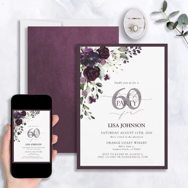 Elegant Plum Purple Floral Script 60th Birthday Invitation | Zazzle
