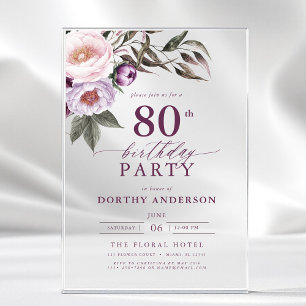 Elegant Plum Purple Floral Script 80th Birthday Acrylic Invitations