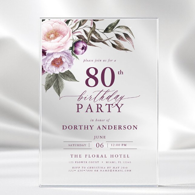 Elegant Plum Purple Floral Script 80th Birthday Acrylic Invitations (Creator Uploaded)