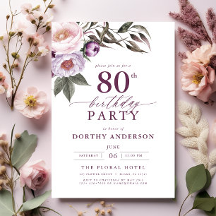 Elegant Plum Purple Floral Script 80th Birthday Invitation