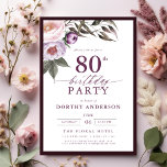 Elegant Plum Purple Floral Script 80th Birthday Invitation<br><div class="desc">Set the tone for a sophisticated celebration with an elegant plum purple floral script birthday invitation. Featuring rich plum tones and delicate floral accents, this design exudes a sense of luxury and refinement. The graceful script typography adds a personalized touch, perfect for a milestone birthday or formal event. Ideal for...</div>