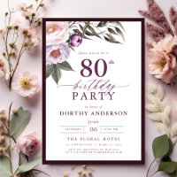 Elegant Plum Purple Floral Script 80th Birthday