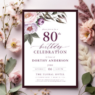Elegant Plum Purple Floral Script 80th Birthday Invitation