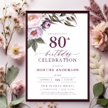 Elegant Plum Purple Floral Script 80th Birthday Invitation<br><div class="desc">Set the tone for a sophisticated celebration with an elegant plum purple floral script birthday invitation. Featuring rich plum tones and delicate floral accents, this design exudes a sense of luxury and refinement. The graceful script typography adds a personalized touch, perfect for a milestone birthday or formal event. Ideal for...</div>