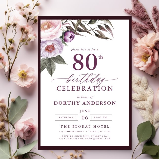 Elegant Plum Purple Floral Script 80th Birthday Invitation (Creator Uploaded)