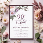 Elegant Plum Purple Floral Script 90th Birthday Invitation<br><div class="desc">Set the tone for a sophisticated celebration with an elegant plum purple floral script birthday invitation. Featuring rich plum tones and delicate floral accents, this design exudes a sense of luxury and refinement. The graceful script typography adds a personalized touch, perfect for a milestone birthday or formal event. Ideal for...</div>