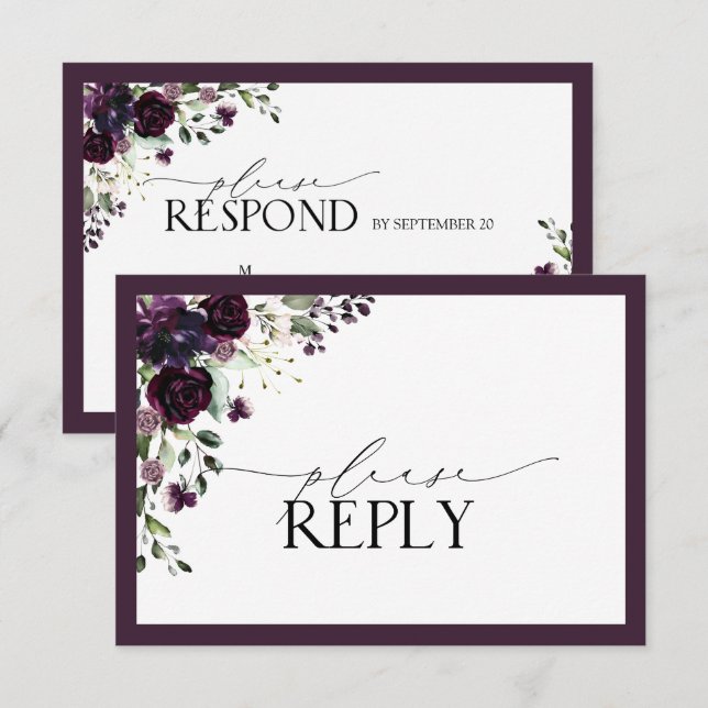 Elegant Plum Purple Floral Watercolor RSVP (Front/Back)