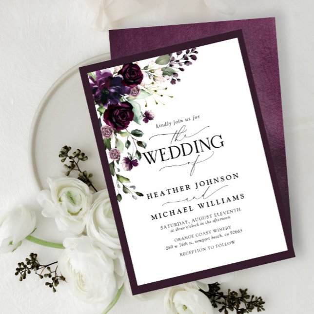 Elegant Plum Purple Floral Watercolor Script Invitation (Creator Uploaded)
