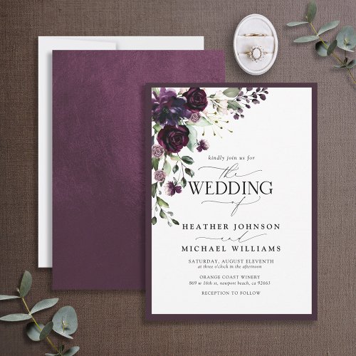 Elegant Plum Purple Floral Watercolor Script Invitation