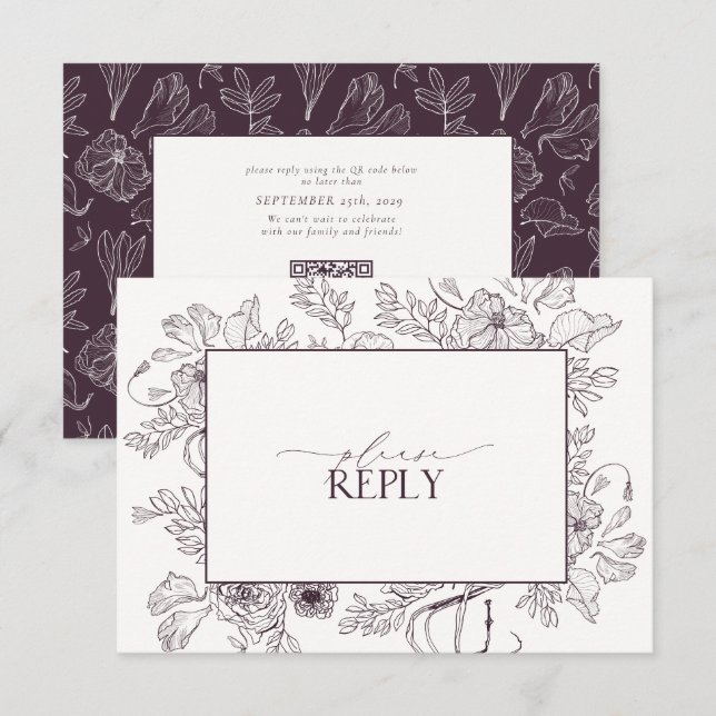 Elegant Plum Purple Floral Wedding QR Code RSVP Card (Front/Back)