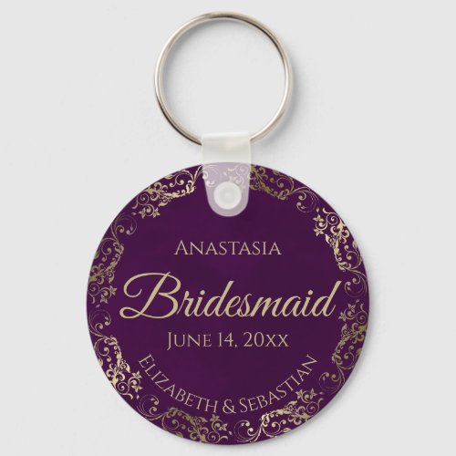 Elegant Plum Purple  Gold Bridesmaid Wedding Gift Keychain