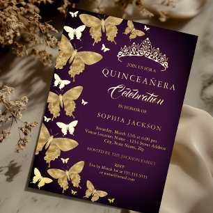 Elegant Plum Purple Gold Butterfly Quinceanera Foil Invitation