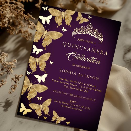 Elegant Plum Purple Gold Butterfly Quinceanera Foil Invitation