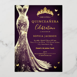 Elegant Plum Purple Gold Butterfly Quinceanera Foil Invitation