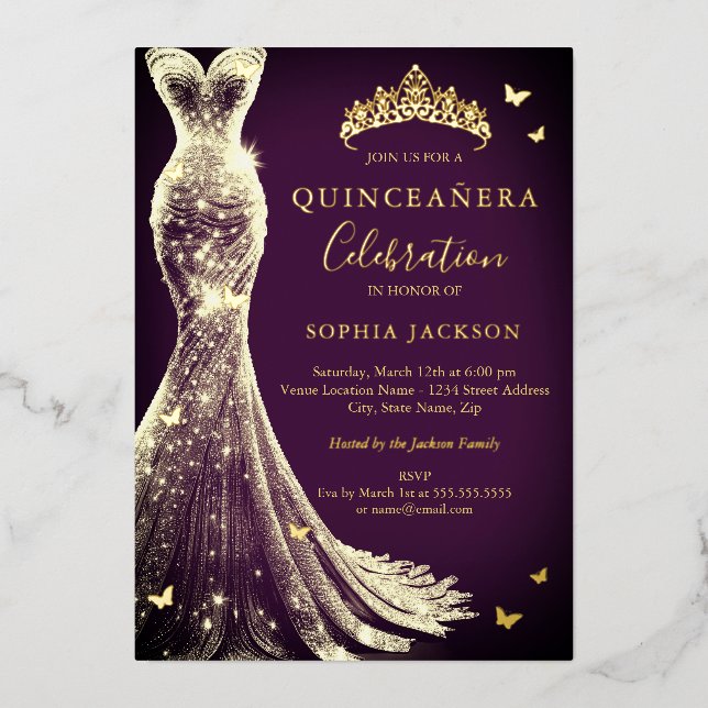 Elegant Plum Purple Gold Butterfly Quinceanera Foil Invitation (Front)