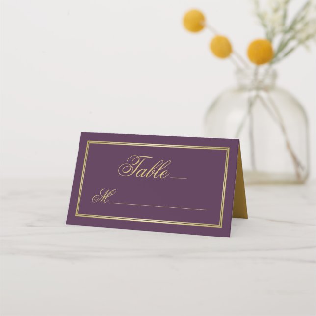 Elegant Plum Purple Gold Calligraphy Wedding Place Card (Front)