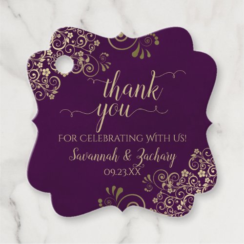 Elegant Plum Purple & Gold Curls Wedding Thank You Favor Tags