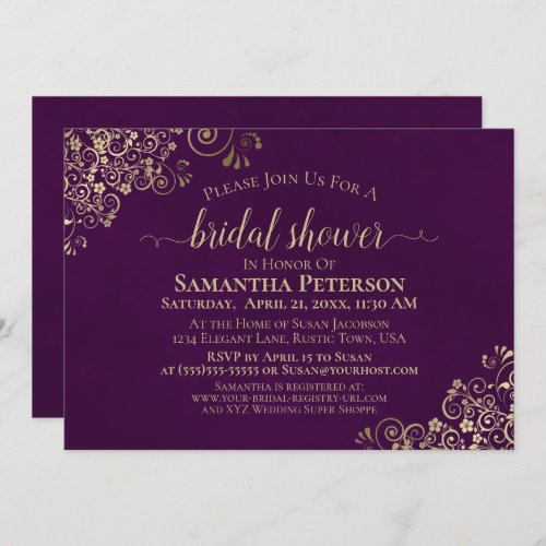 Elegant Plum Purple  Gold Frilly Bridal Shower Invitation