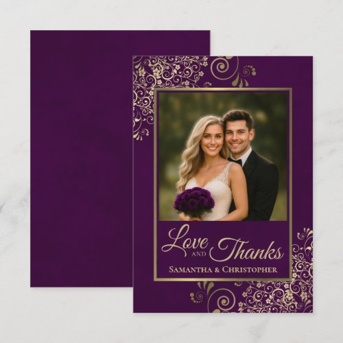 Elegant Plum Purple & Gold Love & Thanks Wedding Thank You Card
