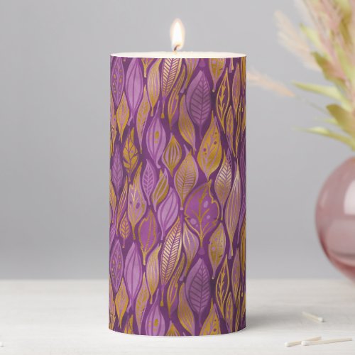 Elegant Plum Purple Gold Metallic Shimmer Pattern Pillar Candle