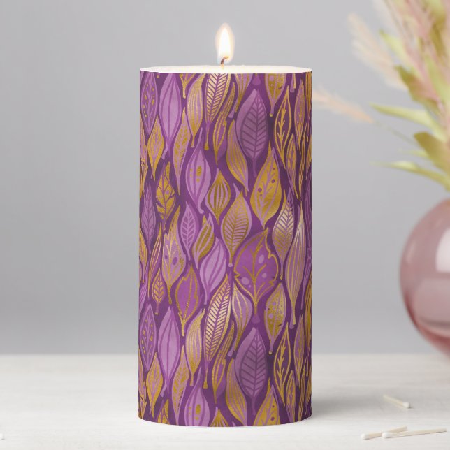 Elegant Plum Purple Gold Metallic Shimmer Pattern Pillar Candle (In Situ)