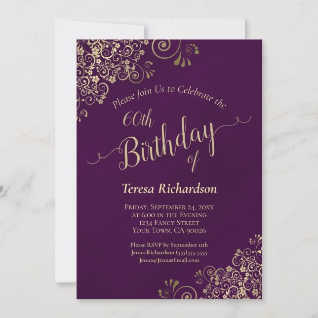 Elegant Plum Purple & Gold Milestone Birthday Invitation (Front)