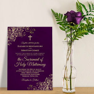 Elegant Plum Purple & Gold Modern Catholic Wedding Invitation