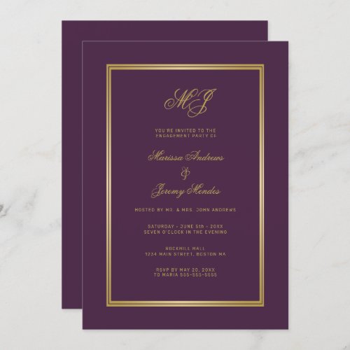 Elegant Plum Purple Gold Monogram Engagement Party Invitation