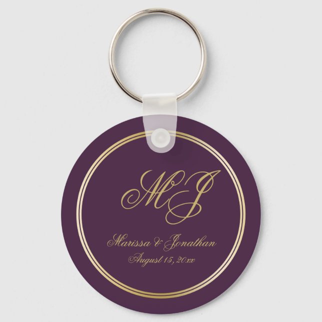 Elegant Plum Purple Gold Monogram Script Wedding Keychain (Front)