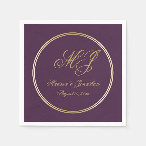 Elegant Plum Purple Gold Monogram Script Wedding Napkins