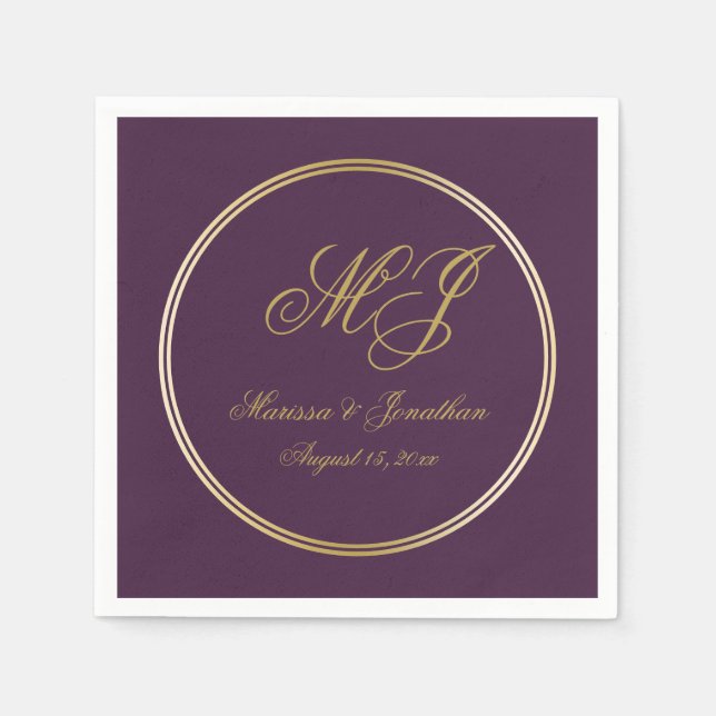 Elegant Plum Purple Gold Monogram Script Wedding Napkins (Front)