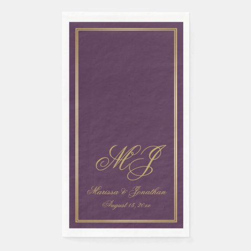 Elegant Plum Purple Gold Monogram Script Wedding Paper Guest Towels