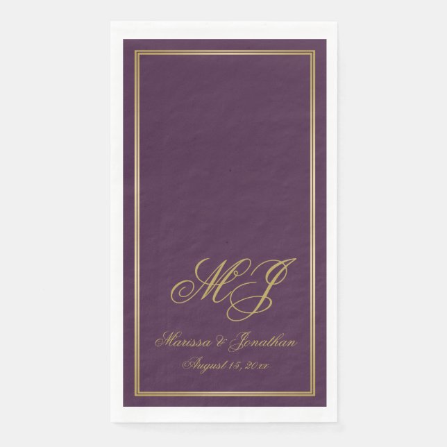 Elegant Plum Purple Gold Monogram Script Wedding Paper Guest Towels (Front)