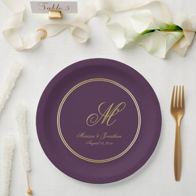 Elegant Plum Purple Gold Monogram Script Wedding Paper Plates (Wedding)