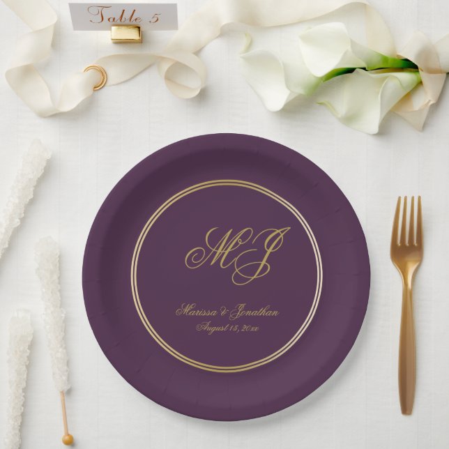 Elegant Plum Purple Gold Monogram Script Wedding Paper Plates (Wedding)