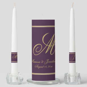 Elegant Plum Purple Gold Monogram Stripe Wedding Unity Candle Set