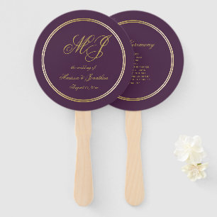 Elegant Plum Purple Gold Monogram Wedding Program Hand Fan