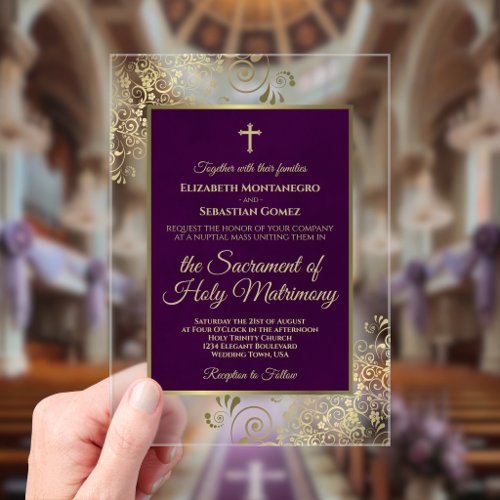 Elegant Plum Purple & Gold Ornate Catholic Wedding Acrylic Invitations