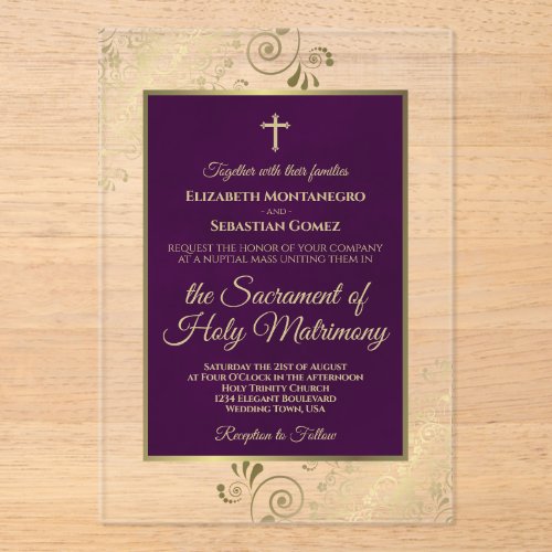 Elegant Plum Purple & Gold Ornate Catholic Wedding Acrylic Invitations