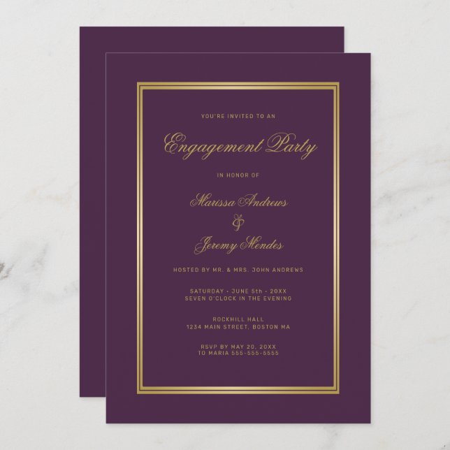 Elegant Plum Purple Gold Script Engagement Party Invitation (Front/Back)