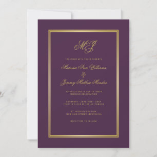 Elegant Plum Purple Gold Script Monogram Wedding Invitation