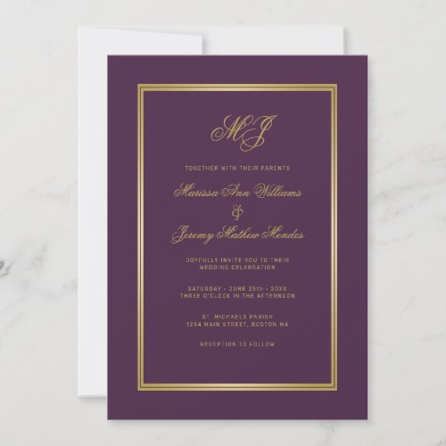 Elegant Plum Purple Gold Script Monogram Wedding Invitation