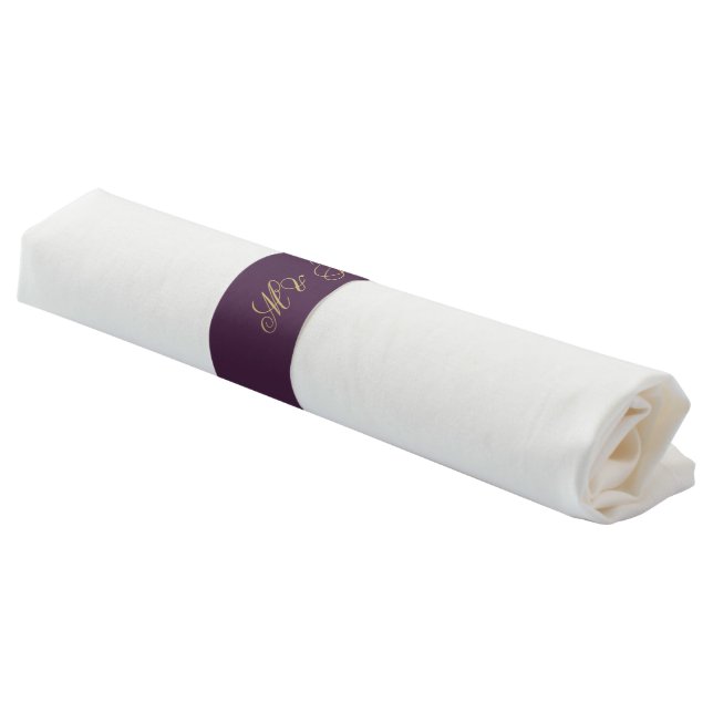 Elegant Plum Purple Gold Script Monogram Wedding Napkin Bands (Angled)